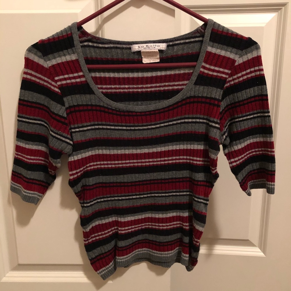 Red, Black, Gray Striped 3/4 Sleeve Shirt